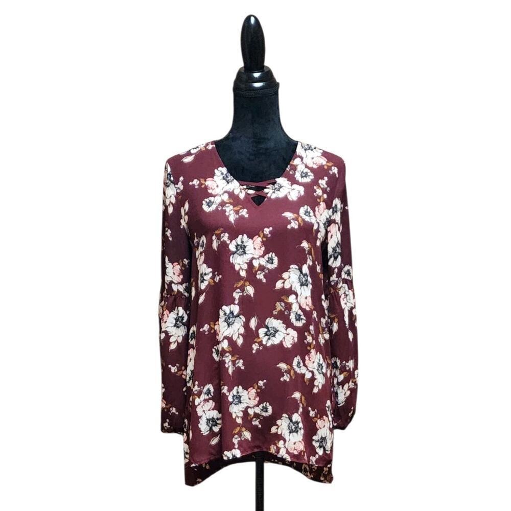 Maurices Size Small S Floral Blouse Sheer Tunic Ruffled Sleeves Boho Burgundy